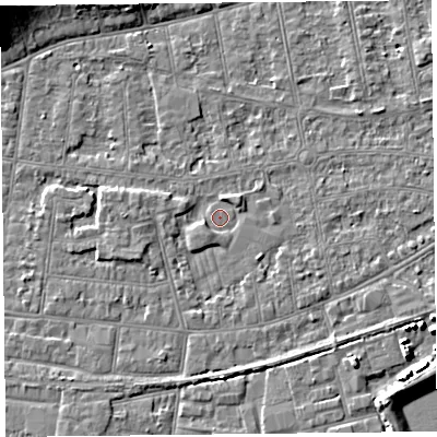 Shaded relief map of the ground around BS233NA, computed from Environment Agency LiDAR. The ground here sits at about 5 m above sea level and falls 13 m across the surrounding 800 m. Surface water reaching this point runs off ground lying to the south-south-west, 1.4 m higher.