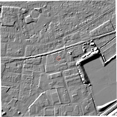 Shaded relief map of the ground around BS233ND, computed from Environment Agency LiDAR. The ground here sits at about 6 m above sea level and falls 7 m across the surrounding 800 m. Surface water reaching this point runs off ground lying to the east-north-east, 0.5 m higher.