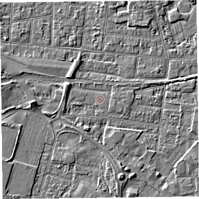 Shaded relief map of the ground around BS233NE, computed from Environment Agency LiDAR. The ground here sits at about 6 m above sea level and falls 6 m across the surrounding 800 m. Surface water reaching this point runs off ground lying to the west-north-west, 5.6 m higher.