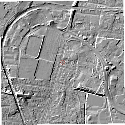 Shaded relief map of the ground around BS233NG, computed from Environment Agency LiDAR. The ground here sits at about 5 m above sea level and falls 8 m across the surrounding 800 m. Surface water reaching this point runs off ground lying to the north, 5.2 m higher.