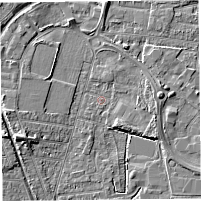 Shaded relief map of the ground around BS233NJ, computed from Environment Agency LiDAR. The ground here sits at about 5 m above sea level and falls 8 m across the surrounding 800 m. Surface water reaching this point runs off ground lying to the north, 5.2 m higher.