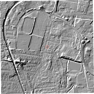 Shaded relief map of the ground around BS233NN, computed from Environment Agency LiDAR. The ground here sits at about 5 m above sea level and falls 8 m across the surrounding 800 m. Surface water reaching this point runs off ground lying to the west, 3.9 m higher.