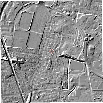 Shaded relief map of the ground around BS233NP, computed from Environment Agency LiDAR. The ground here sits at about 5 m above sea level and falls 8 m across the surrounding 800 m. Surface water reaching this point runs off ground lying to the south-south-west, 1.0 m higher.