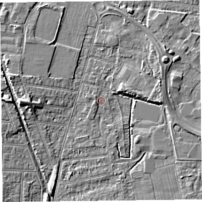 Shaded relief map of the ground around BS233NR, computed from Environment Agency LiDAR. The ground here sits at about 5 m above sea level and falls 8 m across the surrounding 800 m. Surface water reaching this point runs off ground lying to the west-south-west, 1.0 m higher.