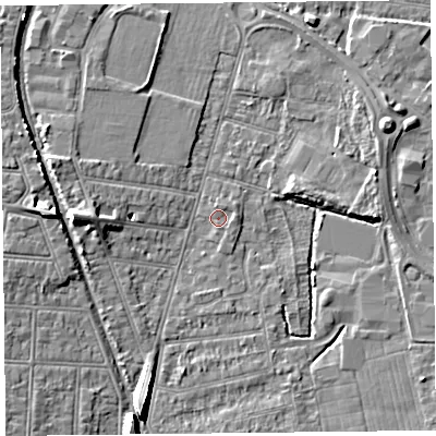 Shaded relief map of the ground around BS233NT, computed from Environment Agency LiDAR. The ground here sits at about 6 m above sea level and falls 8 m across the surrounding 800 m. Surface water reaching this point runs off ground lying to the north, 0.8 m higher.