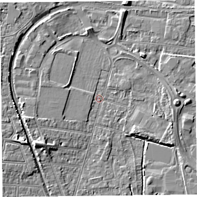 Shaded relief map of the ground around BS233NW, computed from Environment Agency LiDAR. The ground here sits at about 5 m above sea level and falls 8 m across the surrounding 800 m. Surface water reaching this point runs off ground lying to the north-north-east, 5.2 m higher.