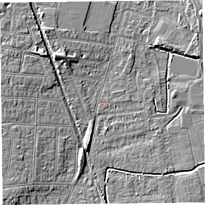 Shaded relief map of the ground around BS233NX, computed from Environment Agency LiDAR. The ground here sits at about 5 m above sea level and falls 8 m across the surrounding 800 m. Surface water reaching this point runs off ground lying to the north-west, 6.4 m higher.