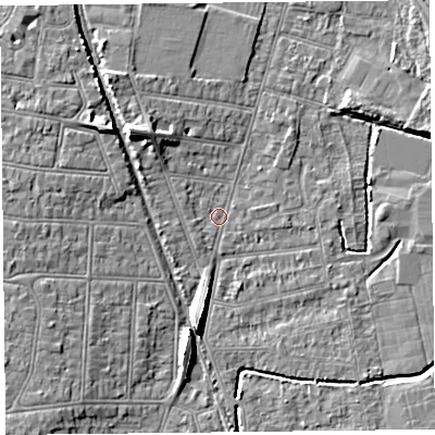 Shaded relief map of the ground around BS233NY, computed from Environment Agency LiDAR. The ground here sits at about 5 m above sea level and falls 8 m across the surrounding 800 m. Surface water reaching this point runs off ground lying to the north-west, 6.6 m higher.