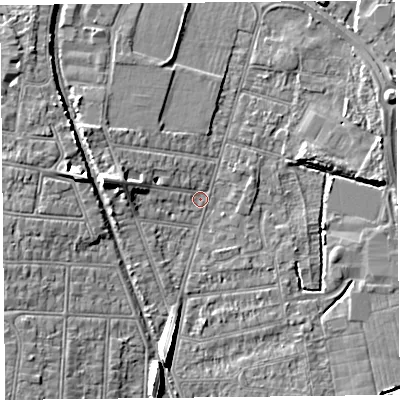 Shaded relief map of the ground around BS233NZ, computed from Environment Agency LiDAR. The ground here sits at about 5 m above sea level and falls 8 m across the surrounding 800 m. Surface water reaching this point runs off ground lying to the west-north-west, 6.7 m higher.