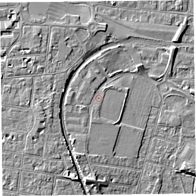Shaded relief map of the ground around BS233PA, computed from Environment Agency LiDAR. The ground here sits at about 7 m above sea level and falls 8 m across the surrounding 800 m. Surface water reaching this point runs off ground lying to the south-south-west, 1.7 m higher.
