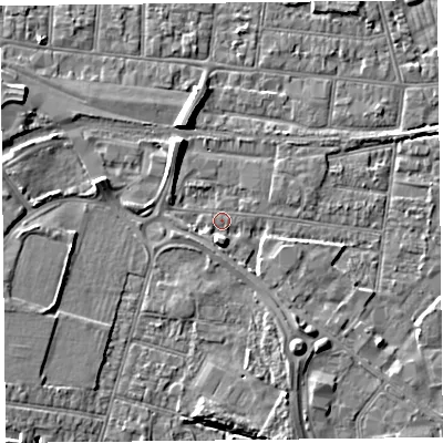 Shaded relief map of the ground around BS233PD, computed from Environment Agency LiDAR. The ground here sits at about 5 m above sea level and falls 7 m across the surrounding 800 m. Surface water reaching this point runs off ground lying to the north-north-west, 5.9 m higher.
