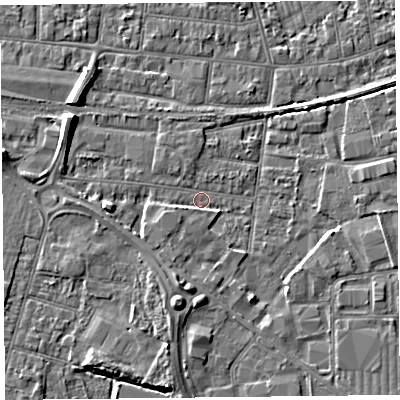 Shaded relief map of the ground around BS233PE, computed from Environment Agency LiDAR. The ground here sits at about 5 m above sea level and falls 7 m across the surrounding 800 m. Surface water reaching this point runs off ground lying to the south-south-west, 3.5 m higher.