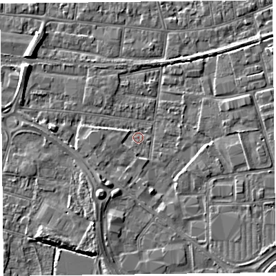 Shaded relief map of the ground around BS233PF, computed from Environment Agency LiDAR. The ground here sits at about 5 m above sea level and falls 7 m across the surrounding 800 m. Surface water reaching this point runs off ground lying to the south-west, 3.1 m higher.