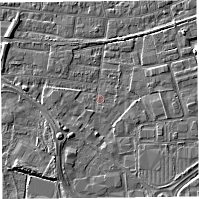 Shaded relief map of the ground around BS233PG, computed from Environment Agency LiDAR. The ground here sits at about 5 m above sea level and falls 7 m across the surrounding 800 m. Surface water reaching this point runs off ground lying to the south-west, 3.1 m higher.