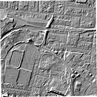 Shaded relief map of the ground around BS233PH, computed from Environment Agency LiDAR. The ground here sits at about 5 m above sea level and falls 8 m across the surrounding 800 m. Surface water reaching this point runs off ground lying to the south-east, 1.3 m higher.