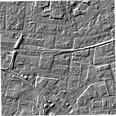 Shaded relief map of the ground around BS233PJ, computed from Environment Agency LiDAR. The ground here sits at about 5 m above sea level and falls 6 m across the surrounding 800 m. Surface water reaching this point runs off ground lying to the south-south-west, 3.5 m higher.