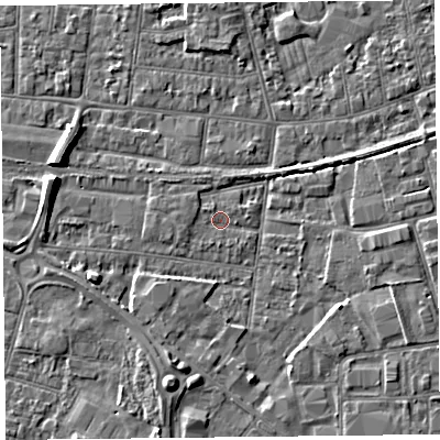 Shaded relief map of the ground around BS233PL, computed from Environment Agency LiDAR. The ground here sits at about 5 m above sea level and falls 6 m across the surrounding 800 m. Surface water reaching this point runs off ground lying to the south-south-west, 3.5 m higher.