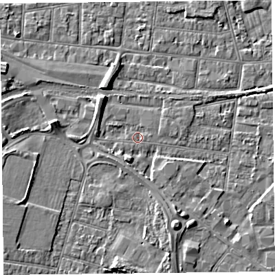 Shaded relief map of the ground around BS233PN, computed from Environment Agency LiDAR. The ground here sits at about 5 m above sea level and falls 6 m across the surrounding 800 m. Surface water reaching this point runs off ground lying to the north-west, 5.6 m higher.