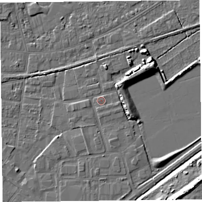 Shaded relief map of the ground around BS233PR, computed from Environment Agency LiDAR. The ground here sits at about 6 m above sea level and falls 12 m across the surrounding 800 m. The ground contributing surface water to this point lies to the south.