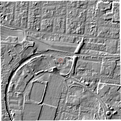 Shaded relief map of the ground around BS233PT, computed from Environment Agency LiDAR. The ground here sits at about 6 m above sea level and falls 6 m across the surrounding 800 m. Surface water reaching this point runs off ground lying to the south-west, 2.1 m higher.