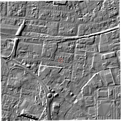 Shaded relief map of the ground around BS233PW, computed from Environment Agency LiDAR. The ground here sits at about 5 m above sea level and falls 7 m across the surrounding 800 m. Surface water reaching this point runs off ground lying to the south-south-west, 3.5 m higher.