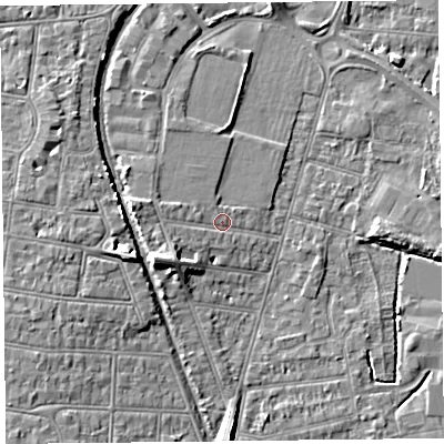 Shaded relief map of the ground around BS233PX, computed from Environment Agency LiDAR. The ground here sits at about 7 m above sea level and falls 8 m across the surrounding 800 m. Surface water reaching this point runs off ground lying to the west-south-west, 5.4 m higher.