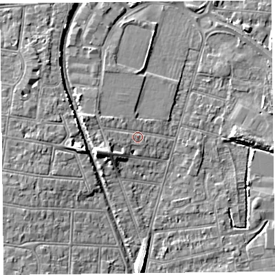 Shaded relief map of the ground around BS233PY, computed from Environment Agency LiDAR. The ground here sits at about 7 m above sea level and falls 8 m across the surrounding 800 m. Surface water reaching this point runs off ground lying to the west-south-west, 5.4 m higher.
