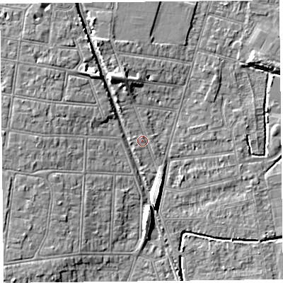 Shaded relief map of the ground around BS233QD, computed from Environment Agency LiDAR. The ground here sits at about 6 m above sea level and falls 8 m across the surrounding 800 m. Surface water reaching this point runs off ground lying to the north-north-west, 5.8 m higher.