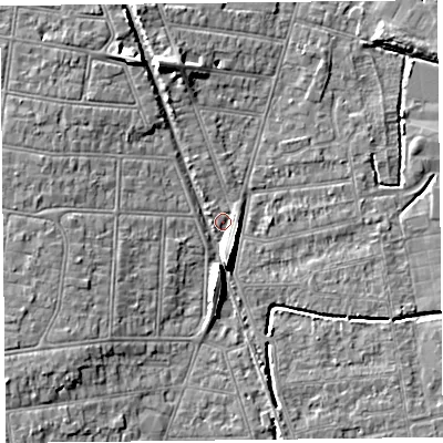 Shaded relief map of the ground around BS233QE, computed from Environment Agency LiDAR. The ground here sits at about 6 m above sea level and falls 8 m across the surrounding 800 m. Surface water reaching this point runs off ground lying to the north-north-west, 6.4 m higher.