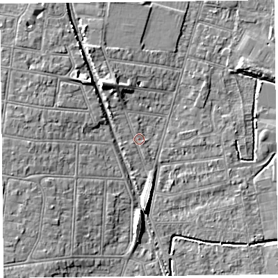 Shaded relief map of the ground around BS233QF, computed from Environment Agency LiDAR. The ground here sits at about 6 m above sea level and falls 8 m across the surrounding 800 m. Surface water reaching this point runs off ground lying to the north-north-west, 5.8 m higher.