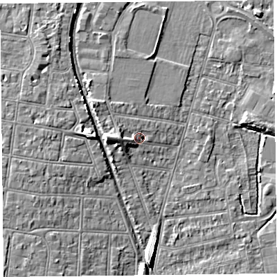 Shaded relief map of the ground around BS233QG, computed from Environment Agency LiDAR. The ground here sits at about 7 m above sea level and falls 8 m across the surrounding 800 m. Surface water reaching this point runs off ground lying to the west, 4.6 m higher.