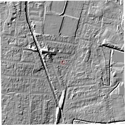 Shaded relief map of the ground around BS233QH, computed from Environment Agency LiDAR. The ground here sits at about 6 m above sea level and falls 8 m across the surrounding 800 m. Surface water reaching this point runs off ground lying to the north-west, 4.4 m higher.
