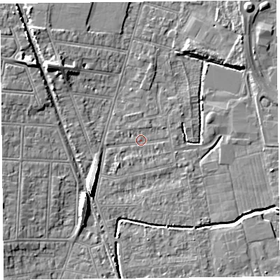 Shaded relief map of the ground around BS233QJ, computed from Environment Agency LiDAR. The ground here sits at about 5 m above sea level and falls 8 m across the surrounding 800 m. Surface water reaching this point runs off ground lying to the south-west, 8.2 m higher.