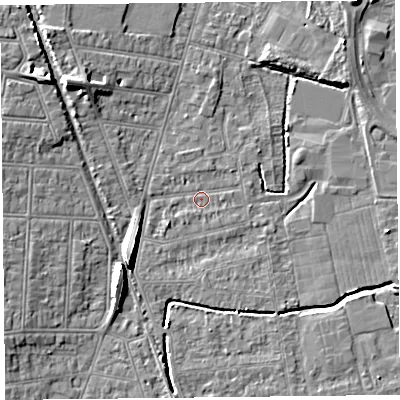 Shaded relief map of the ground around BS233QL, computed from Environment Agency LiDAR. The ground here sits at about 5 m above sea level and falls 8 m across the surrounding 800 m. Surface water reaching this point runs off ground lying to the south-west, 0.8 m higher.