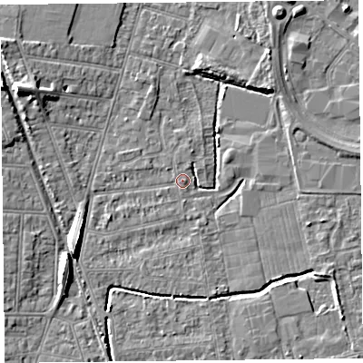 Shaded relief map of the ground around BS233QN, computed from Environment Agency LiDAR. The ground here sits at about 5 m above sea level and falls 8 m across the surrounding 800 m. Surface water reaching this point runs off ground lying to the south-west, 8.2 m higher.