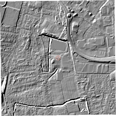 Shaded relief map of the ground around BS233QP, computed from Environment Agency LiDAR. The ground here sits at about 5 m above sea level and falls 8 m across the surrounding 800 m. Surface water reaching this point runs off ground lying to the east-north-east, 0.7 m higher.