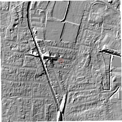 Shaded relief map of the ground around BS233QQ, computed from Environment Agency LiDAR. The ground here sits at about 6 m above sea level and falls 8 m across the surrounding 800 m. Surface water reaching this point runs off ground lying to the west-north-west, 3.8 m higher.