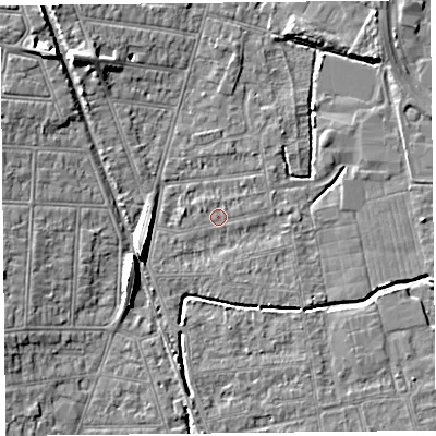 Shaded relief map of the ground around BS233QR, computed from Environment Agency LiDAR. The ground here sits at about 5 m above sea level and falls 8 m across the surrounding 800 m. Surface water reaching this point runs off ground lying to the west, 1.4 m higher.