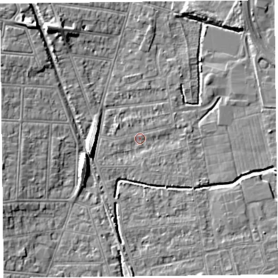 Shaded relief map of the ground around BS233QS, computed from Environment Agency LiDAR. The ground here sits at about 5 m above sea level and falls 8 m across the surrounding 800 m. Surface water reaching this point runs off ground lying to the west-north-west, 1.5 m higher.