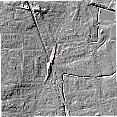 Shaded relief map of the ground around BS233QT, computed from Environment Agency LiDAR. The ground here sits at about 5 m above sea level and falls 8 m across the surrounding 800 m. Surface water reaching this point runs off ground lying to the north-north-east, 1.3 m higher.