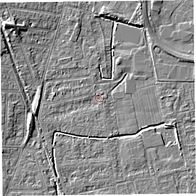 Shaded relief map of the ground around BS233QW, computed from Environment Agency LiDAR. The ground here sits at about 5 m above sea level and falls 8 m across the surrounding 800 m. Surface water reaching this point runs off ground lying to the east-south-east, 2.9 m higher.
