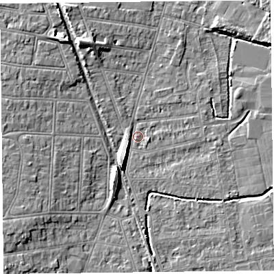 Shaded relief map of the ground around BS233RA, computed from Environment Agency LiDAR. The ground here sits at about 5 m above sea level and falls 8 m across the surrounding 800 m. Surface water reaching this point runs off ground lying to the south-south-west, 8.2 m higher.