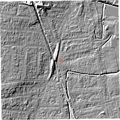 Shaded relief map of the ground around BS233RB, computed from Environment Agency LiDAR. The ground here sits at about 5 m above sea level and falls 8 m across the surrounding 800 m. Surface water reaching this point runs off ground lying to the west, 8.2 m higher.