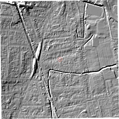 Shaded relief map of the ground around BS233RD, computed from Environment Agency LiDAR. The ground here sits at about 5 m above sea level and falls 8 m across the surrounding 800 m. Surface water reaching this point runs off ground lying to the south-east, 0.9 m higher.
