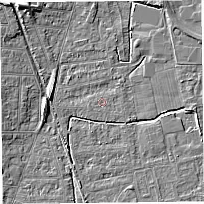 Shaded relief map of the ground around BS233RE, computed from Environment Agency LiDAR. The ground here sits at about 5 m above sea level and falls 8 m across the surrounding 800 m. The ground contributing surface water to this point lies to the south-south-west.
