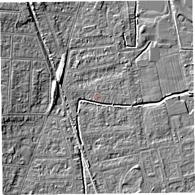 Shaded relief map of the ground around BS233RF, computed from Environment Agency LiDAR. The ground here sits at about 5 m above sea level and falls 8 m across the surrounding 800 m. Surface water reaching this point runs off ground lying to the east-south-east, 2.2 m higher.