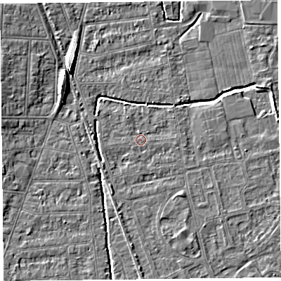 Shaded relief map of the ground around BS233RG, computed from Environment Agency LiDAR. The ground here sits at about 5 m above sea level and falls 8 m across the surrounding 800 m. Surface water reaching this point runs off ground lying to the north-north-east, 2.2 m higher.