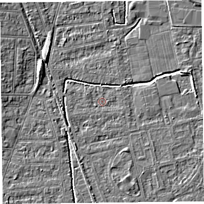 Shaded relief map of the ground around BS233RH, computed from Environment Agency LiDAR. The ground here sits at about 5 m above sea level and falls 8 m across the surrounding 800 m. Surface water reaching this point runs off ground lying to the north-north-east, 2.2 m higher.