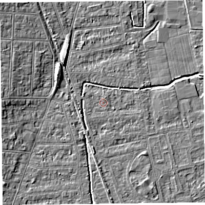 Shaded relief map of the ground around BS233RJ, computed from Environment Agency LiDAR. The ground here sits at about 5 m above sea level and falls 8 m across the surrounding 800 m. Surface water reaching this point runs off ground lying to the south-west, 0.6 m higher.
