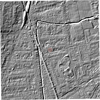 Shaded relief map of the ground around BS233RL, computed from Environment Agency LiDAR. The ground here sits at about 5 m above sea level and falls 8 m across the surrounding 800 m. Surface water reaching this point runs off ground lying to the south-west, 1.8 m higher.
